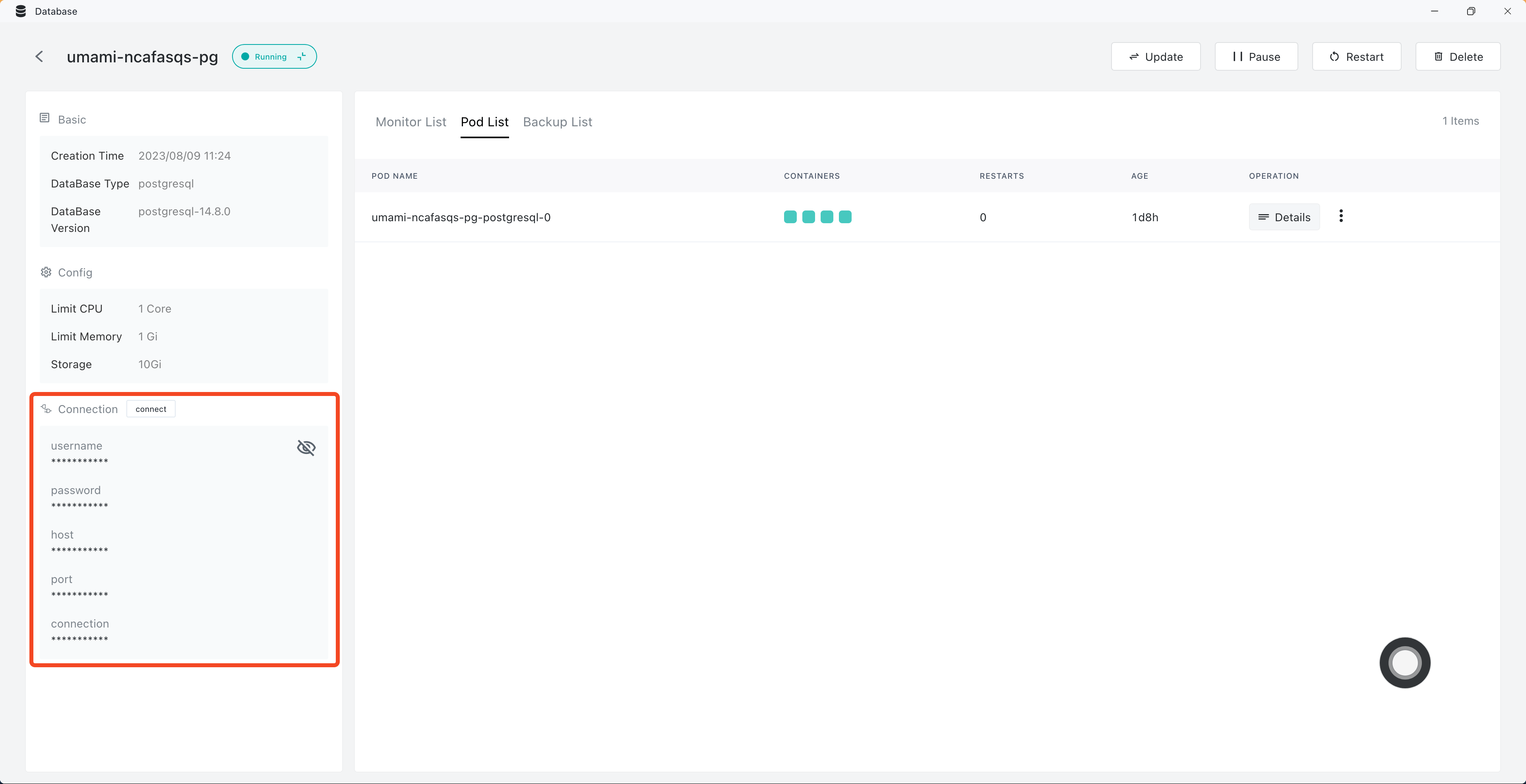 5. Obtain the database access parameters